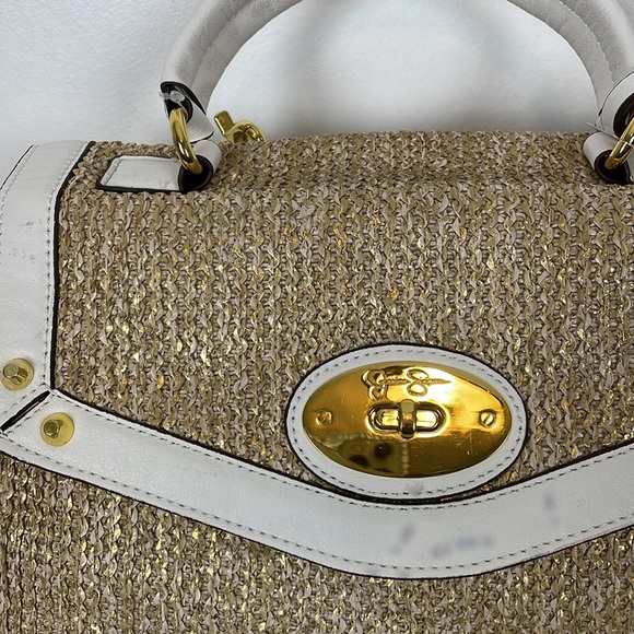 Jessica Simpson Darla Tan Cream Shoulder Bag Straw 3 Inside Pockets Zip Latch - Picture 2 of 5